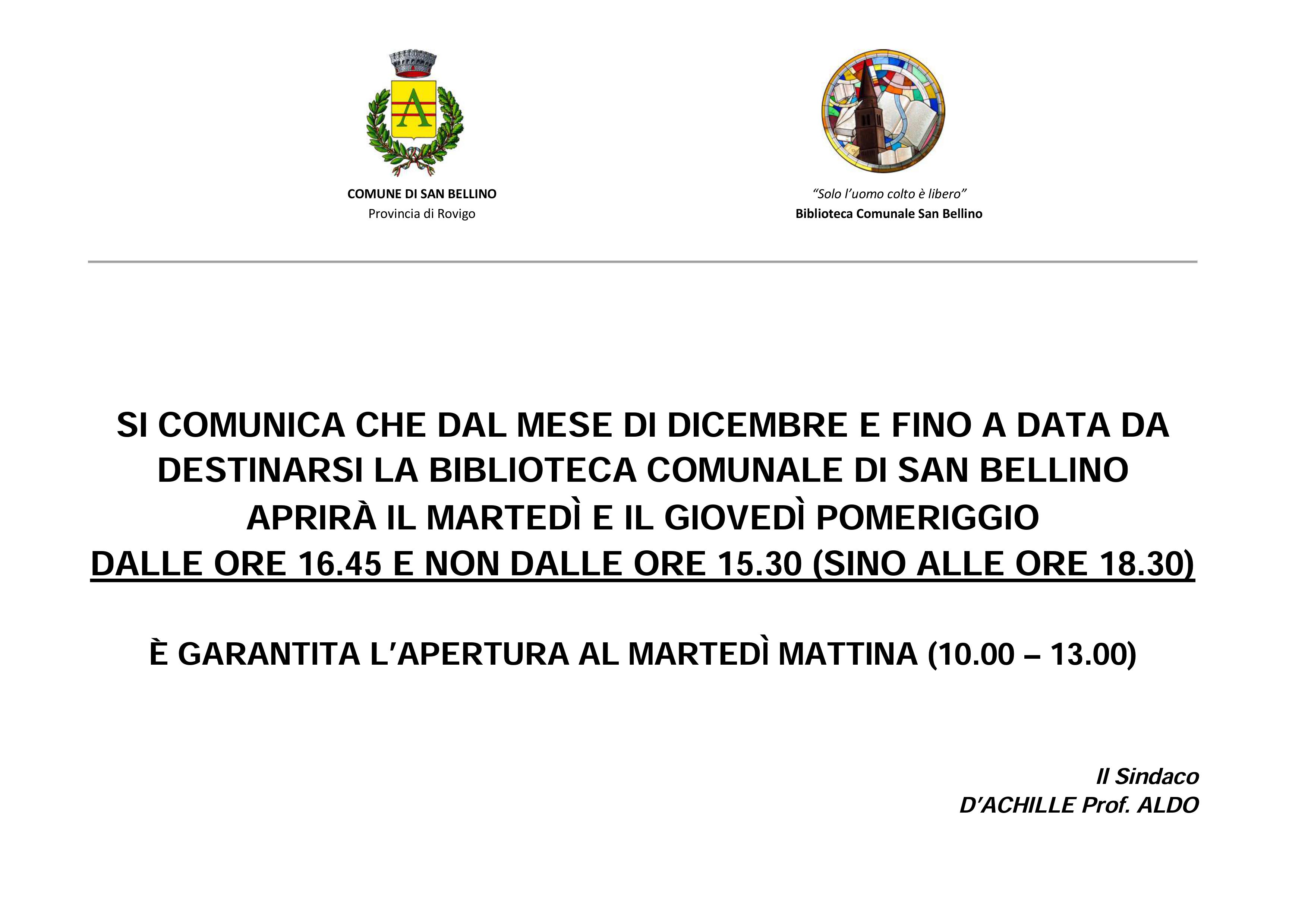 Comunicazione variazione apertura Biblioteca Comunale